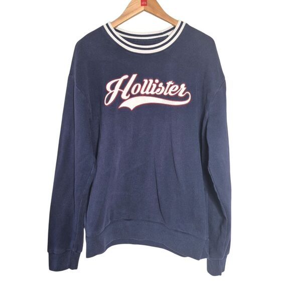 Hollister Navy Relaxed Fit Crewneck Sweatshirt with Striped Collar Size Medium - Picture 1 of 3